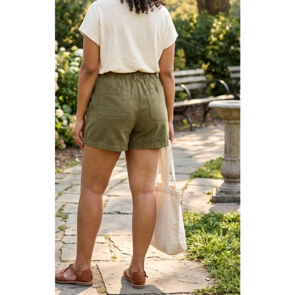 Madewell Green Herringbone High Rise Elastic Waist Camp‎ Shorts Size S Small